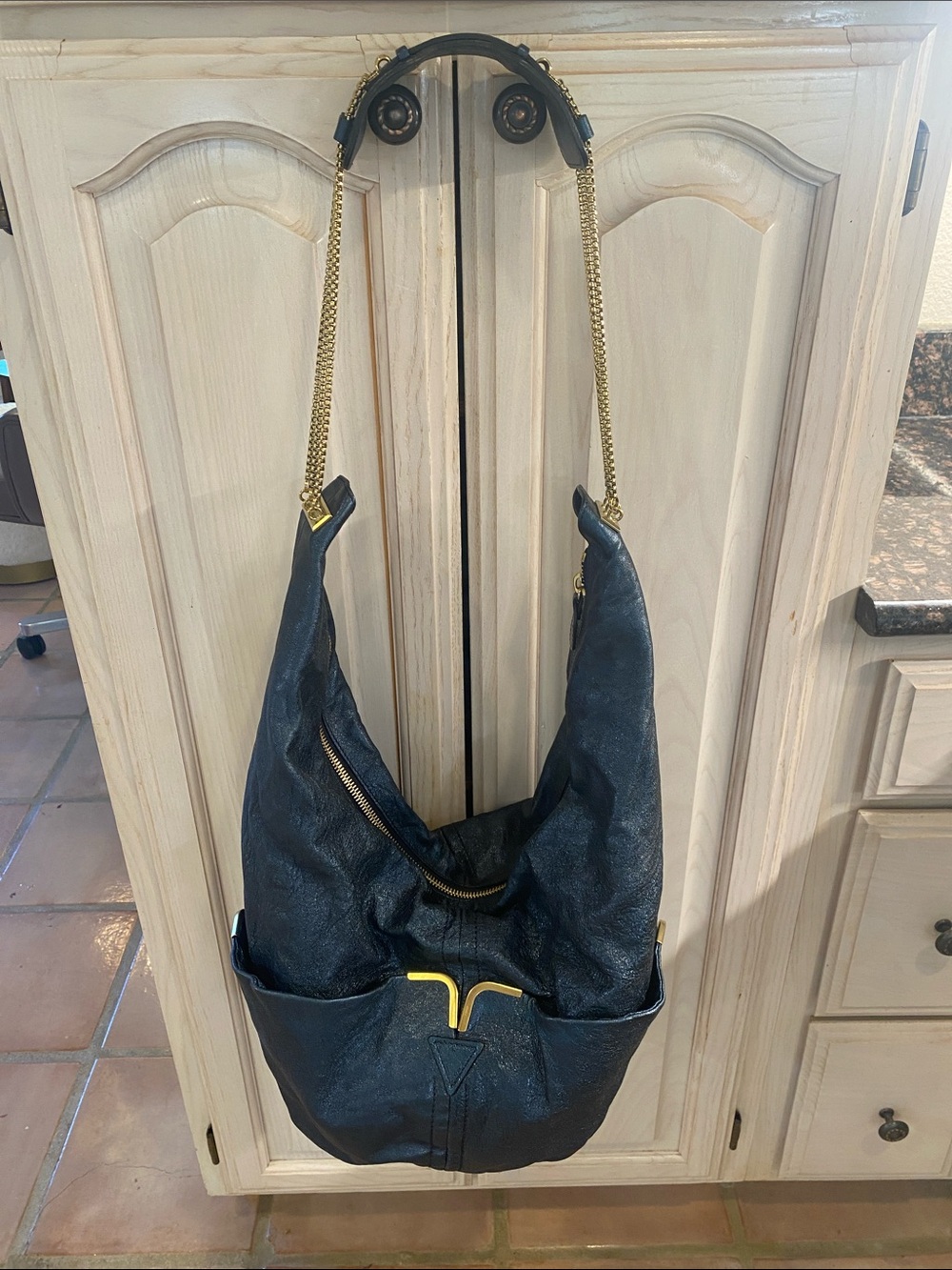 Chloe Blue Leather Shoulder Hobo Bag with Gold Chain Strap